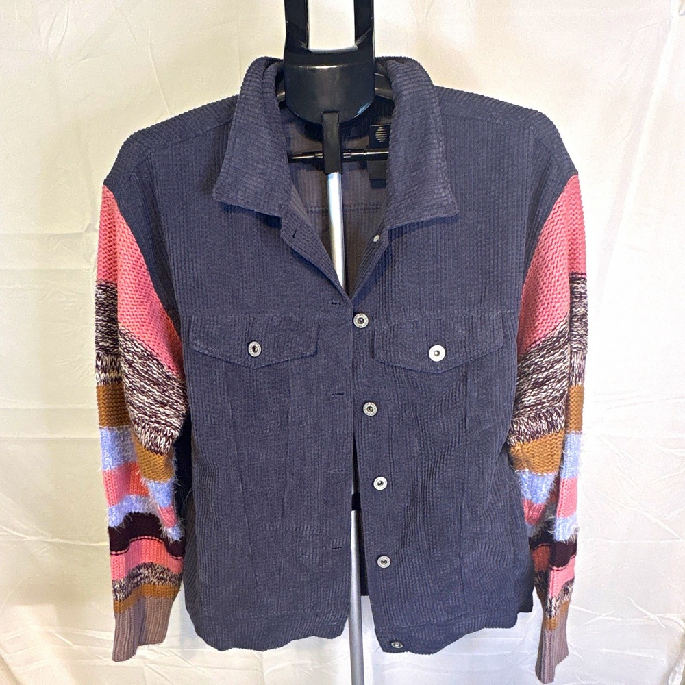 Umgee Women's Gray Multicolor Striped Button Front Collared Pocket Jacket L